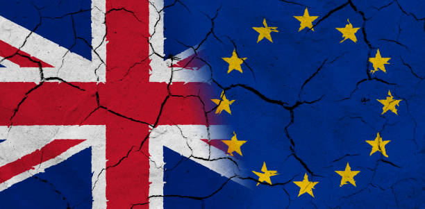 istock Great Britain and European Union flag together, with dried soil texture 686359626