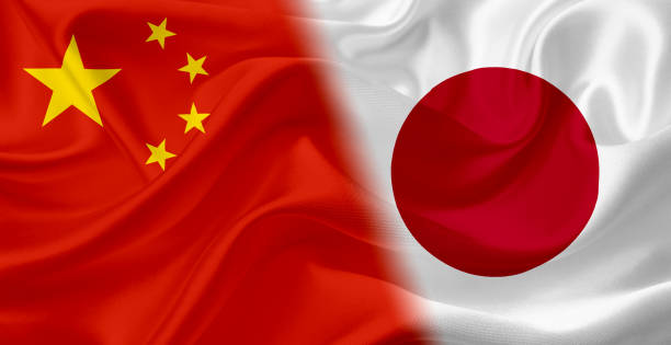 istock Waving flag of China and Japan, with fabric texture 686359630