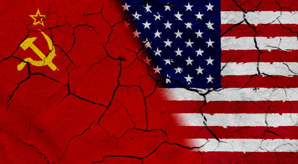 Soviet Union and USA flag together, with dried soil texture 3d illustration of national flag with background texture cold war images stock illustrations