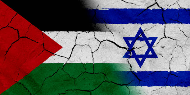 istock Palestine and Israel flag together, with dried soil texture 686359696