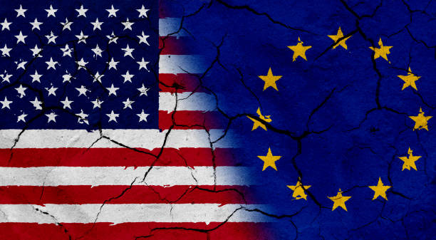 istock USA and European Union flag together, with dried soil texture 686359996