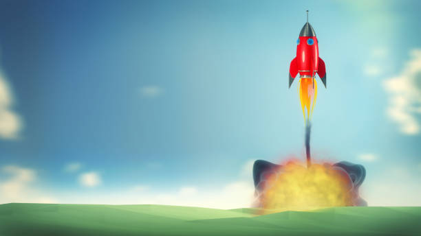 istock llustration of a starting red cartoon rocket on blue sky 686363592