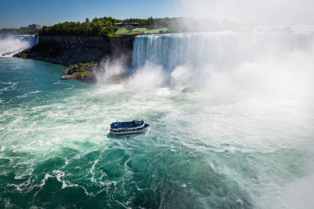 istock boat with tourists in Niagara Falls 686363978