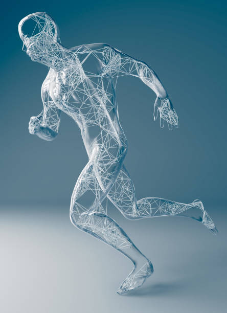 istock 3d illustration of a human shaped transparent sculture of a running man 686364100