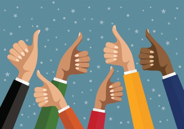 Businesswomen hands hold thumbs up. vector illustration in flat design. Financials, work motivation Cheering business people holding many thumbs. Like this. Flat design multicultural group thumbs up. EPS 10 vector. applaus stock illustrations