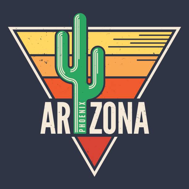 arizona t-shirt projekt, nadruk, typografii, etykieta ze stylizowanym kaktusem saguaro. - arizona phoenix desert tucson stock illustrations