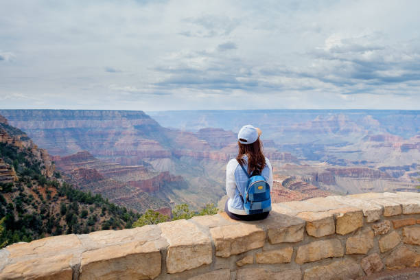 istock Person on bench looking at scenic grand canyon 686367204