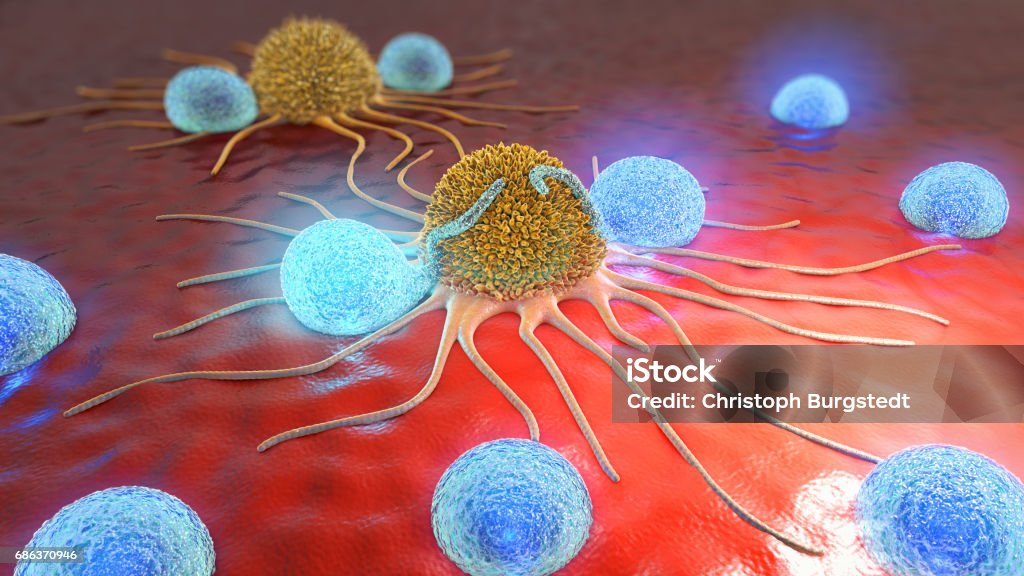 3d illustration of a cancer cell and lymphocytes Cancer Cell stock illustration
