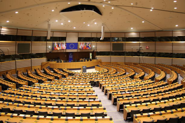 Parliamentary hemicycle at the European Union in Brussels stock photo