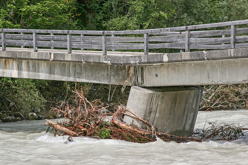 Flood damage on a bridge over the Isar River at Vorderriss