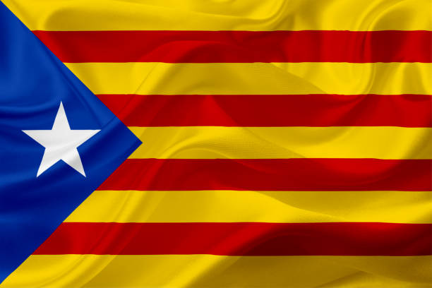 istock Waving Catalunya flag, Spain, with fabric texture 686383384