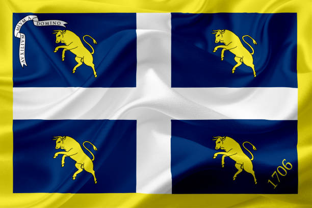 istock Waving flag of Turin, Italy, with fabric texture 686384078