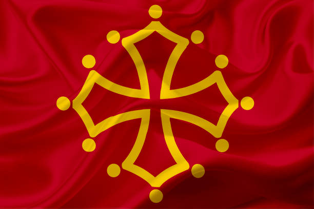 istock Waving Midi-Pyrenees flag, France with fabric texture 686386662