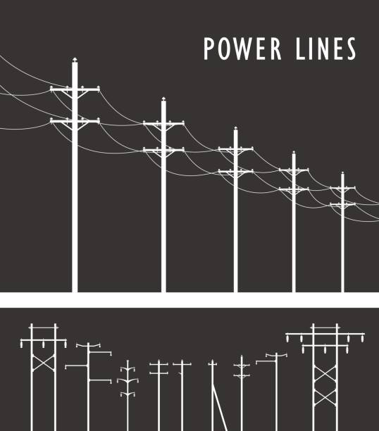 High Voltage Post Vector image set of high-voltage poles black-and-white design element power cable illustrations stock illustrations