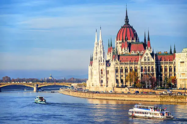 Cruise ships going by Parliament building down the Danube river, Budapest, Hungary
