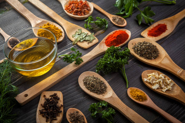 istock Various spice on wooden spoons with herbs 686403432