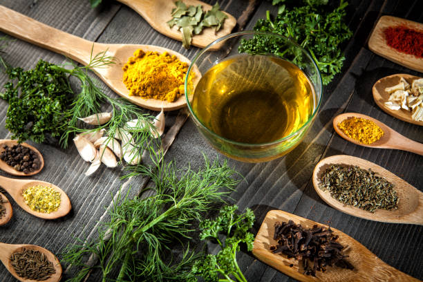 istock Various spice on wooden spoons with herbs 686403476