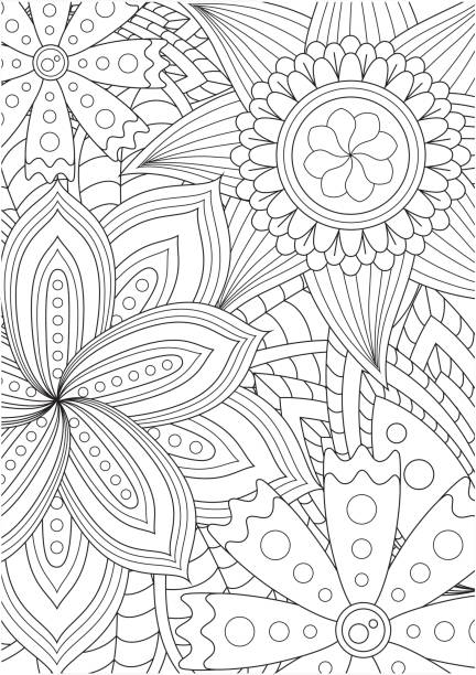 Black and white floral pattern for coloring book in doodle style. Vector elements for design. Good for art therapy, meditation and design of wrapping and textile. coloring illustrations stock illustrations