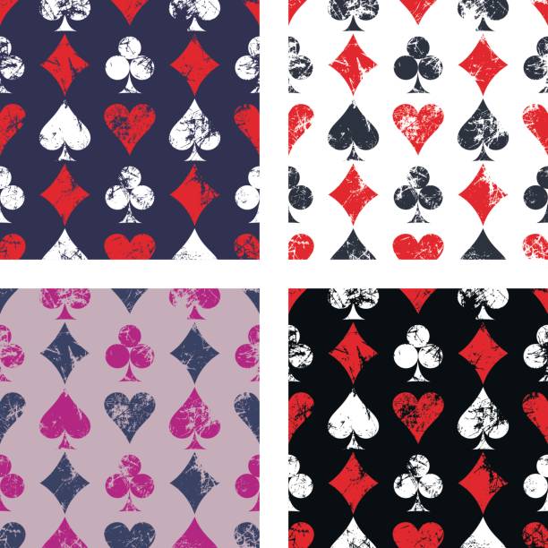 istock Set of seamless vector abstract patterns, backgrounds with icons of playings cards Grunge texture with attrition, cracks and ambrosia. Old style design Series of Gaming, Gambling Patterns 686415972