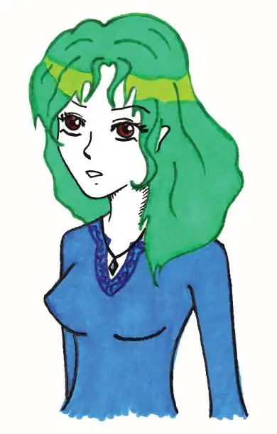 Vector illustration of Green hair young girl blue dress anime manga cartoon vector