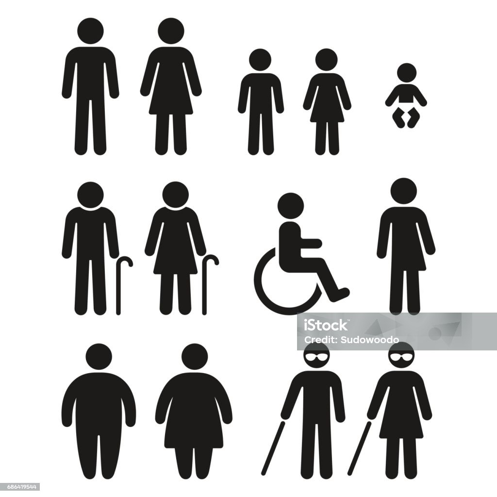 Bathroom and medical people symbols People silhouette icon set. Bathroom gender signs and health conditions symbols. Adults and children, senior and disabled. Medical or navigation pictograms. Icon Symbol stock vector