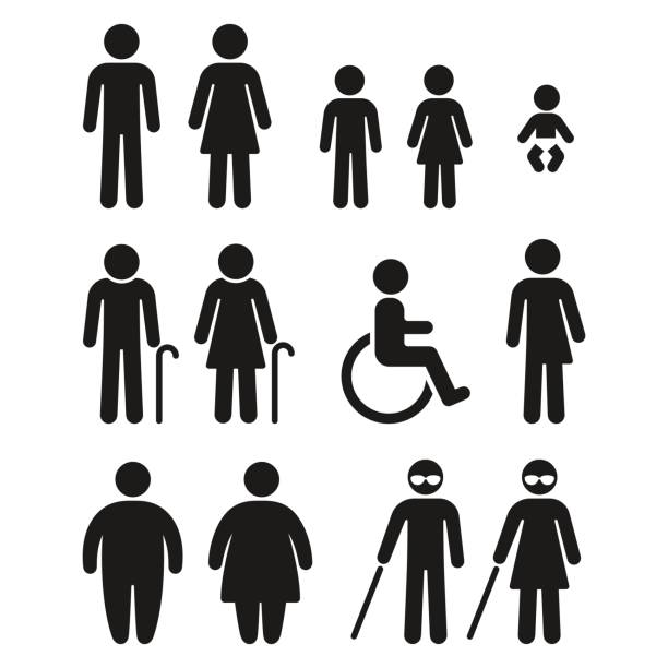 Bathroom and medical people symbols People silhouette icon set. Bathroom gender signs and health conditions symbols. Adults and children, senior and disabled. Medical or navigation pictograms. bathroom silhouettes stock illustrations