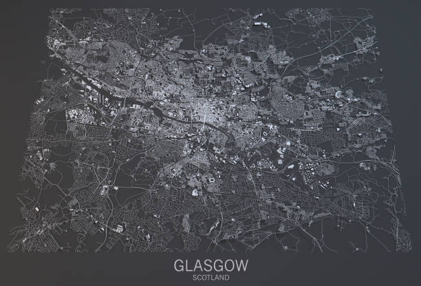 istock Glasgow map, satellite view, city, England 686419816