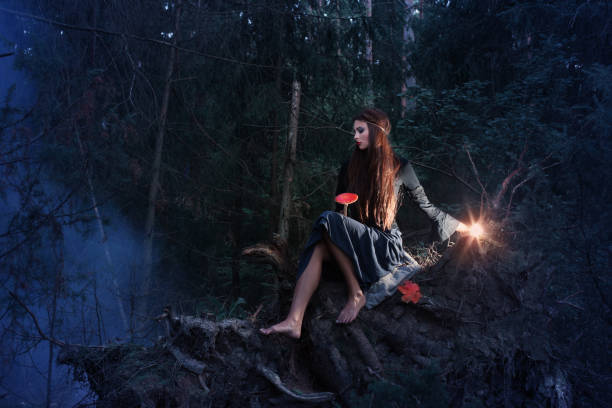 istock Beautiful witch sitting on a tree trunk in the forest 686435984