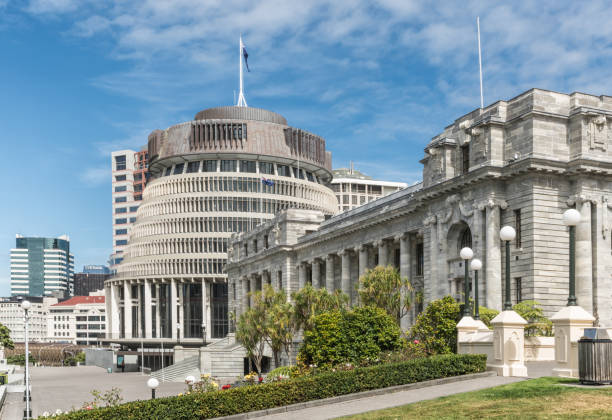 National Parliament and Beehive Government building in Wellington. stock photo