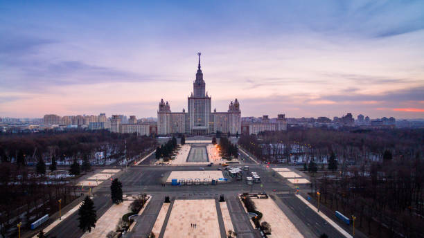 istock famous Soviet building and alley  at sunset 686439978