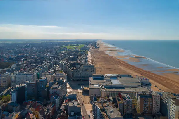 Aerial view of the city and famous beach resort of Ostend with its beach and the North Sea, Belgium.