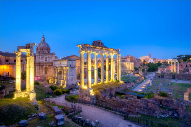 istock Forum Romanum archeological site in Rome after sunset 686445964