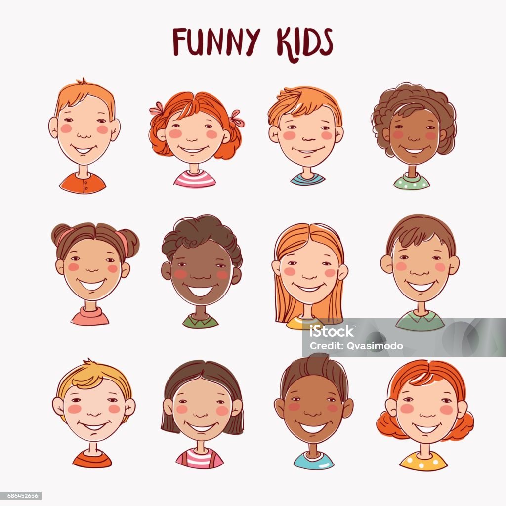 Funny Kids Multiethnic Group Of Happy Children Different Cartoon Faces  Icons Stock Illustration - Download Image Now - iStock