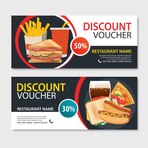 rabatt gutschein-fast-food-template-design. eingestellt von pizza, sandwich, pommes frites, hot dog - sandwich plate food french fries stock-grafiken, -clipart, -cartoons und -symbole