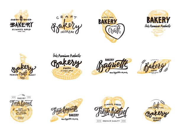 ilustrações de stock, clip art, desenhos animados e ícones de vintage bakery lettering set. vector color hand drawn vintage engraving illustration - pão fresco