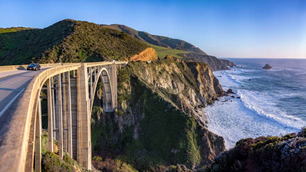 Bixby Bridge Panorama View from the Bixby Bridge shore line near Big Sur big sur stock pictures, royalty-free photos & images