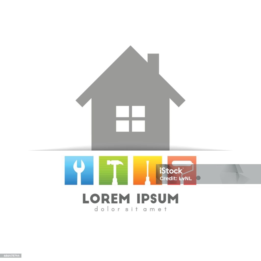 Casa con herramientas de trabajo - arte vectorial de Logotipo libre de derechos