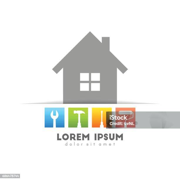 Ilustración de Casa Con Herramientas De Trabajo y más Vectores Libres de Derechos de Logotipo - Logotipo, Casa, Edificio residencial