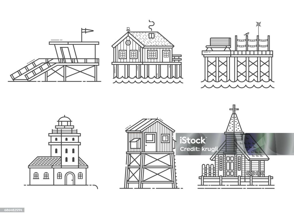 Seaside Buildings Set Typical seaside houses and buildings set. Fishing village or town constructor with lighthouse, life guard, pier, stilted house, observation tower and marine church in thin line design. Sea side icons. Observation Point stock vector