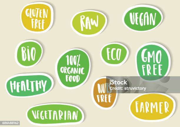 Ilustración de Conjunto De Pegatinas De Papel Con Letras Manuscritas Para Bio Eco Alimentos Orgánicos Y Vegetales y más Vectores Libres de Derechos de Etiqueta