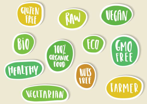 ilustrações de stock, clip art, desenhos animados e ícones de set of paper stickers with handwritten lettering for bio, eco, organic foods and vegetables. - raw food green freshness