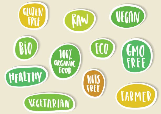 Set of paper stickers with handwritten lettering for bio, eco, organic foods and vegetables. Set of paper stickers with handwritten lettering for bio, eco, organic foods and vegetables. vegetarian food stock illustrations