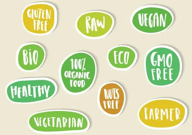 Vector illustration of Set of paper stickers with handwritten lettering for bio, eco, organic foods and vegetables.