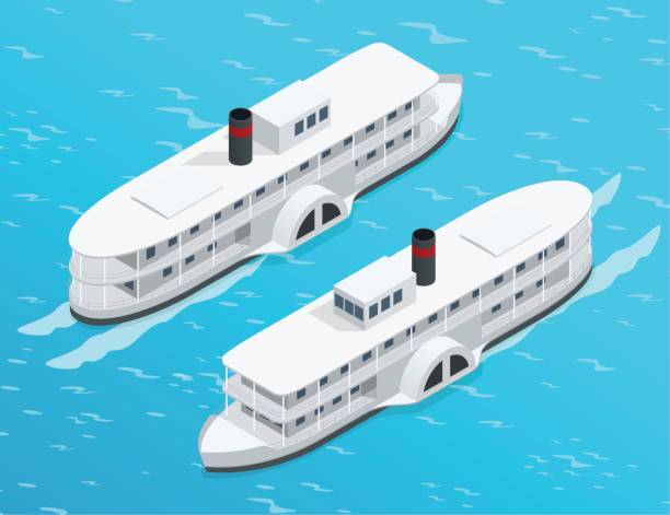 Isometric Old paddle steamer ship on the river. Water transport. Riding on the river. Flat 3d illustration. For infographics and design Isometric Old paddle steamer ship on the river. Water transport. Riding on the river. Flat 3d illustration. For infographics and design. paddleboat stock illustrations