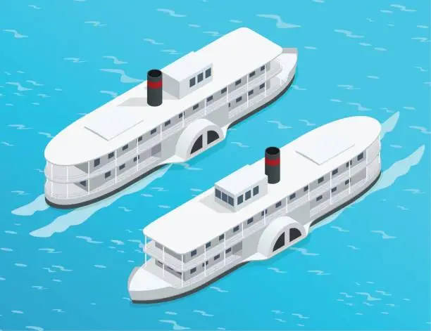 Vector illustration of Isometric Old paddle steamer ship on the river. Water transport. Riding on the river. Flat 3d illustration. For infographics and design