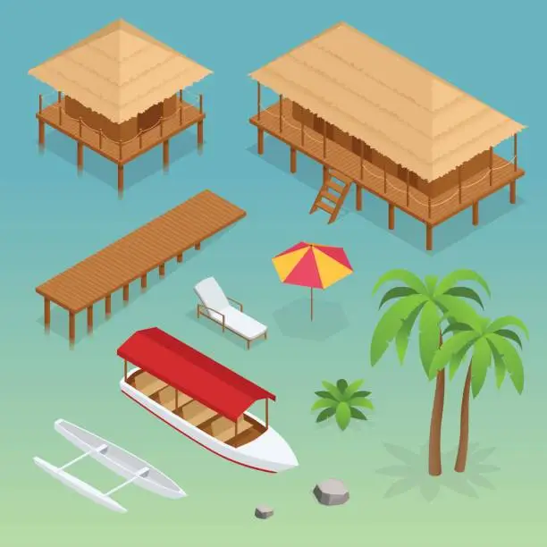 Vector illustration of Luxury overwater thatched roof bungalow, bridge, palm tree, pleasure boat, kayak, beach lounger and sun umbrella. Tropical vacations. Isometric vector illustration