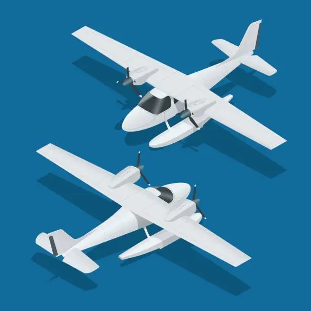 Vector illustration of Isometric plane hydro aircraft. Air transportation infographics, vector illustration.