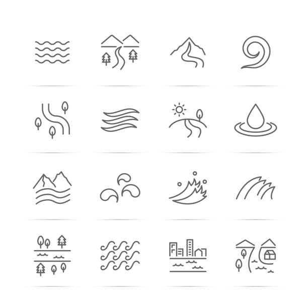 ikony linii wektorowych rzeki - mountain sea house landscape stock illustrations