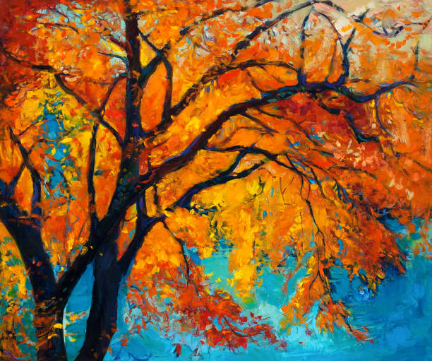 ilustraciones, imágenes clip art, dibujos animados e iconos de stock de el árbol de otoño - paintings landscape autumn painted image