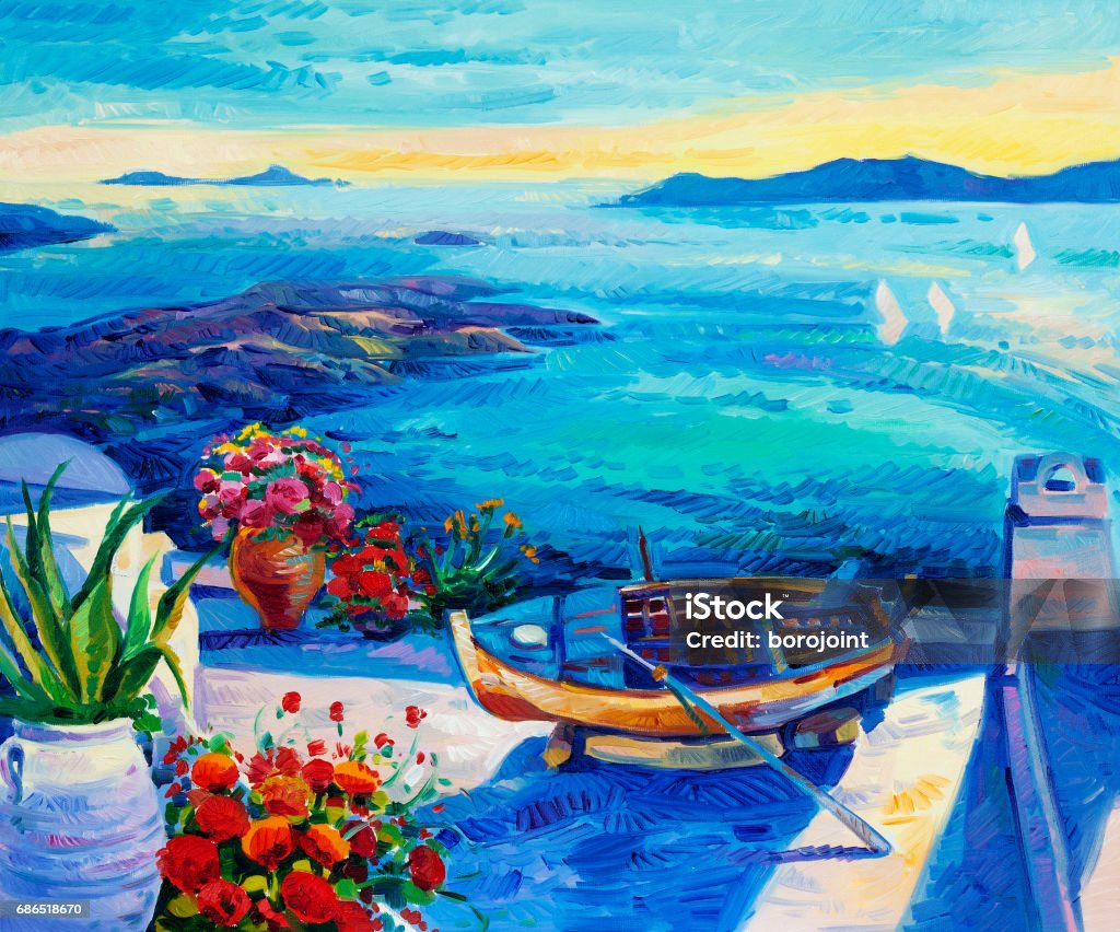 Santorini Original oil painting showing  white houses and flowers of Oia village at Santorini island with sea view. Greece.Modern Impressionism Santorini stock illustration